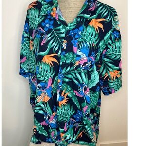 Disney Stitch Button Down Shirt Mens XXL Navy Blue Excellent Tropical Rayon